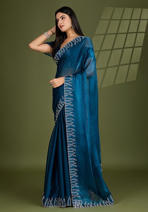 Teal Blue Beads And Stone Work Silk Chiffon Saree Set