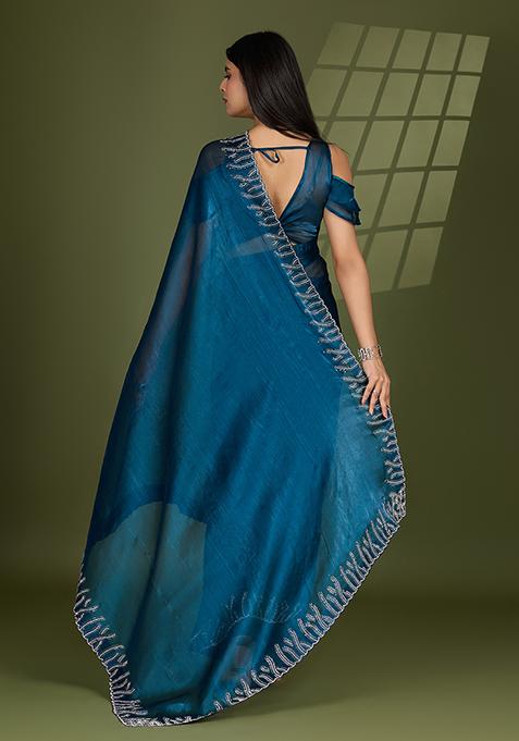 Teal Blue Beads And Stone Work Silk Chiffon Saree Set
