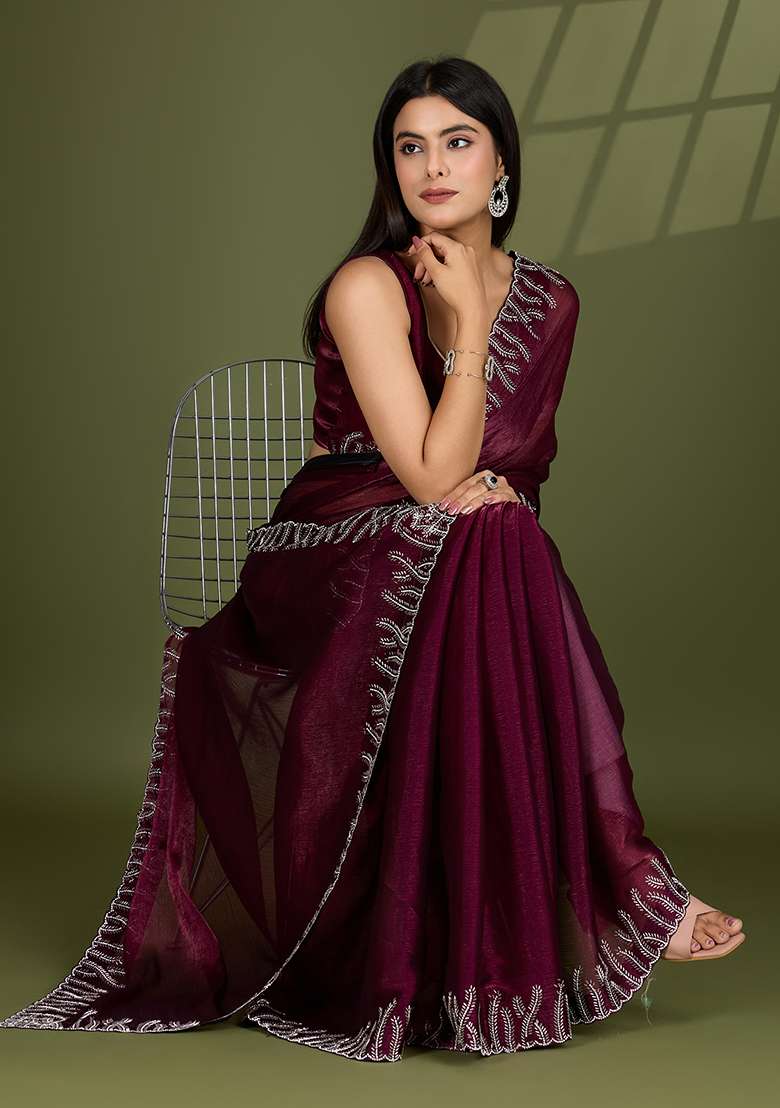Wine Beads And Stone Work Silk Blend Chiffon Saree Set for Diwali and Festive Wear - Indya