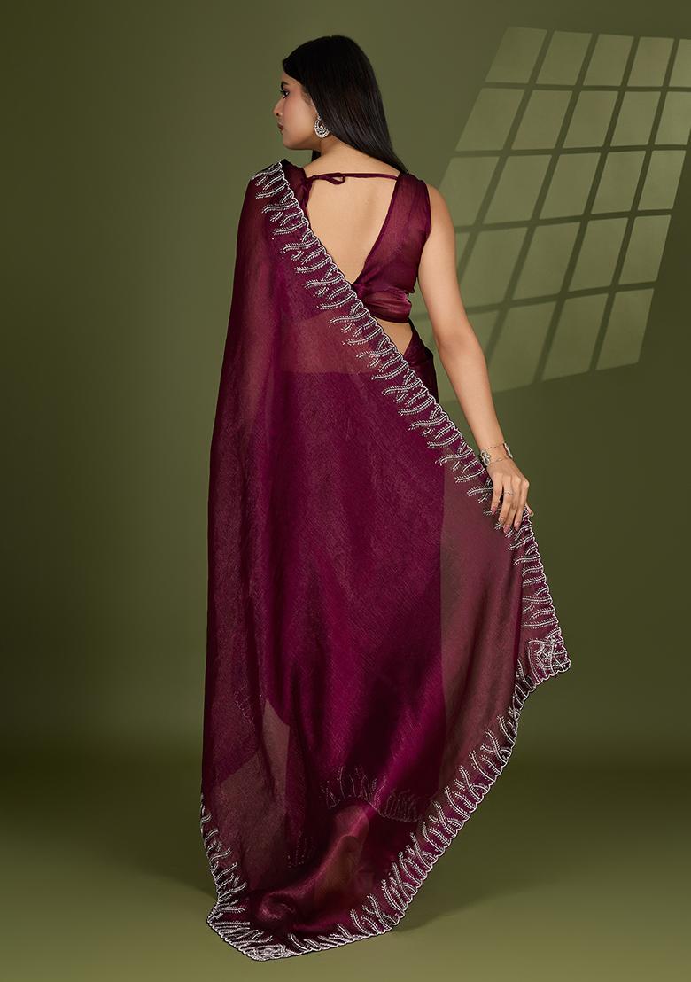 Wine Beads And Stone Work Silk Chiffon Saree Set