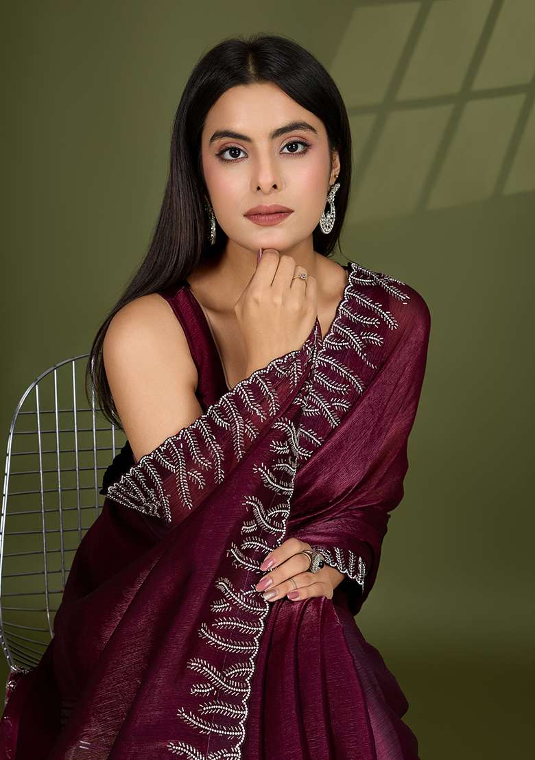 Wine Beads And Stone Work Silk Blend Chiffon Saree Set for Diwali and Festive Wear - Indya