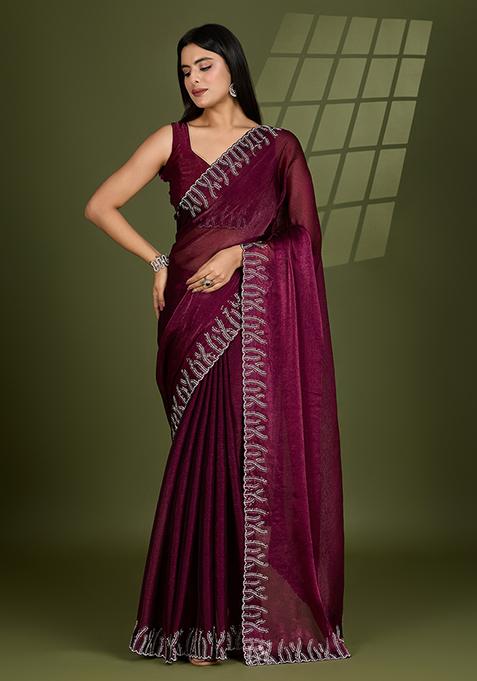 Wine Beads And Stone Work Silk Chiffon Saree Set — view on Indya