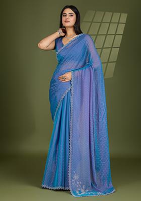 Blue Swarovski Zircon Work Silk Chiffon Saree Set