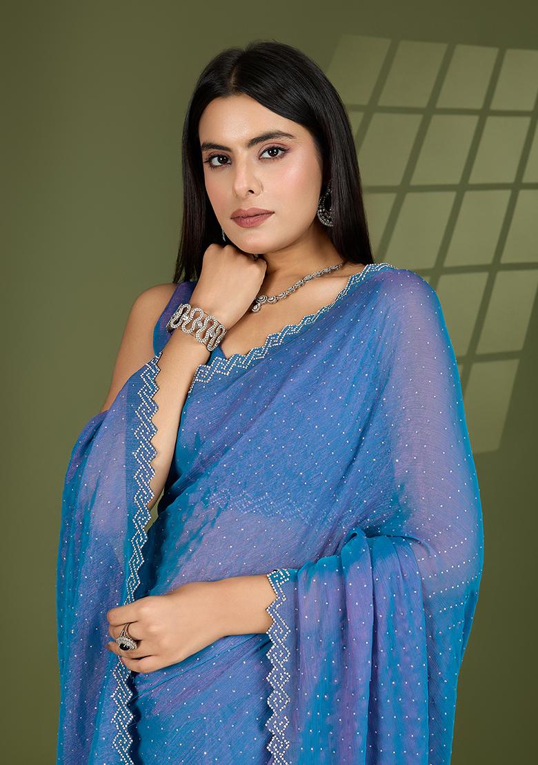 Blue Swarovski Zircon Work Silk Chiffon Saree Set
