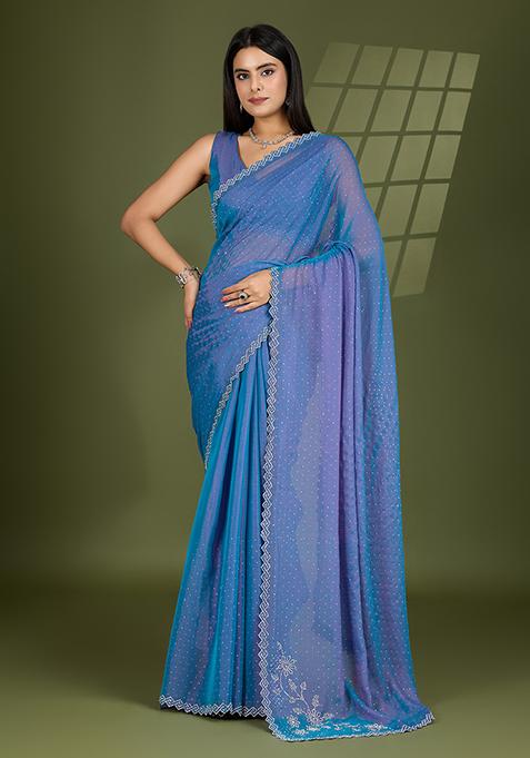 Blue Swarovski Zircon Work Silk Chiffon Saree Set