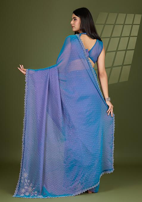 Blue Swarovski Zircon Work Silk Chiffon Saree Set