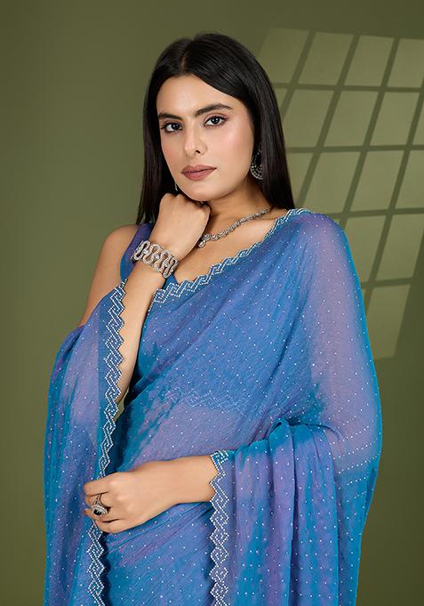 Blue Swarovski Zircon Work Silk Chiffon Saree Set