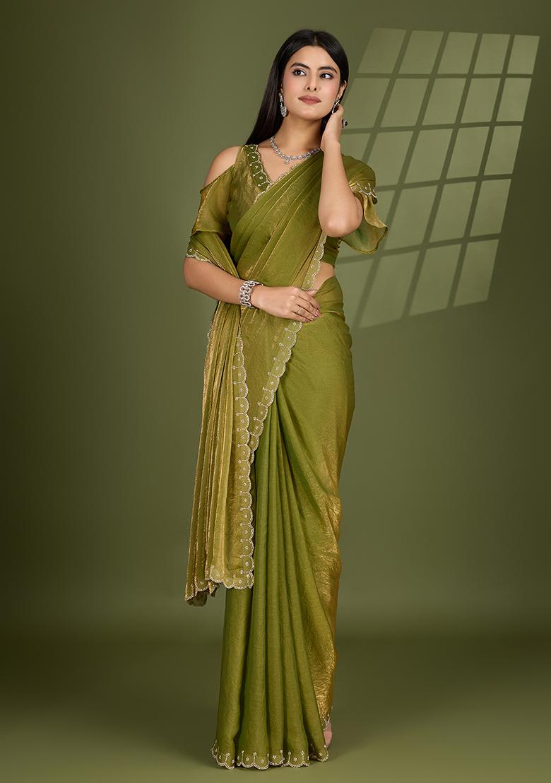 Pista Green Swarovski Zircon Work Satin Silk Saree Set