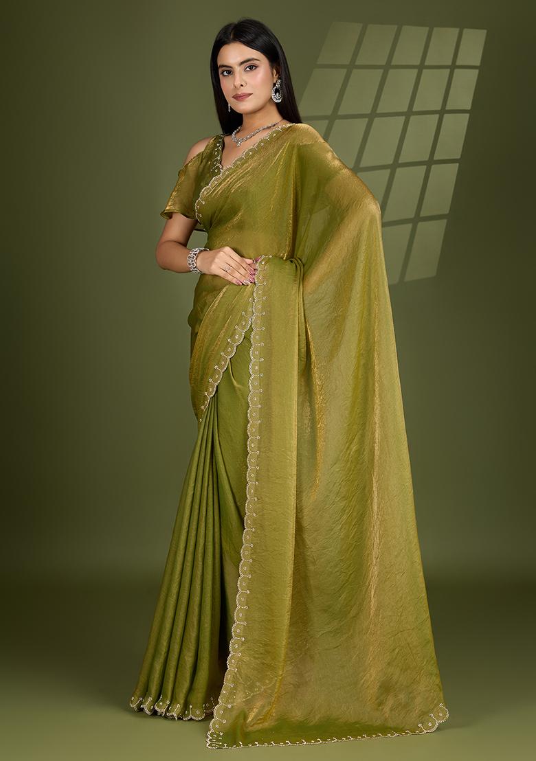 Pista Green Swarovski Zircon Work Satin Silk Saree Set