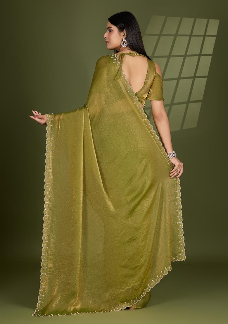 Pista Green Swarovski Zircon Work Satin Silk Saree Set
