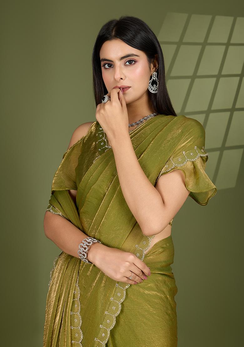 Pista Green Swarovski Zircon Work Satin Silk Saree Set
