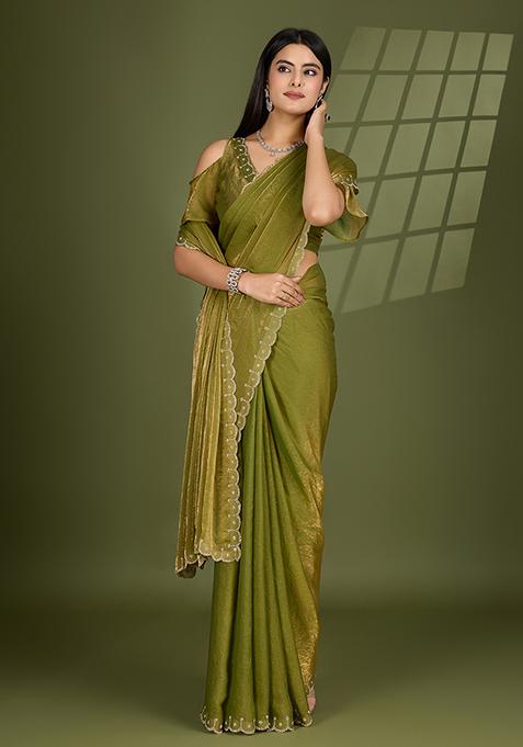 Pista Green Swarovski Zircon Work Satin Silk Saree Set