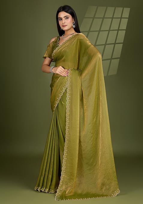 Pista Green Swarovski Zircon Work Satin Silk Saree Set