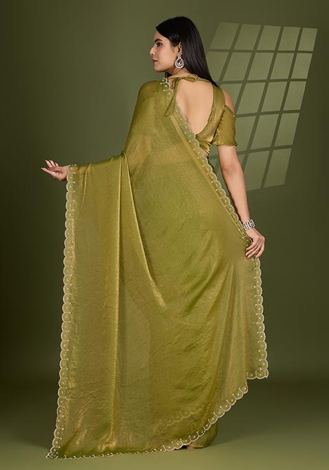Pista Green Swarovski Zircon Work Satin Silk Saree Set