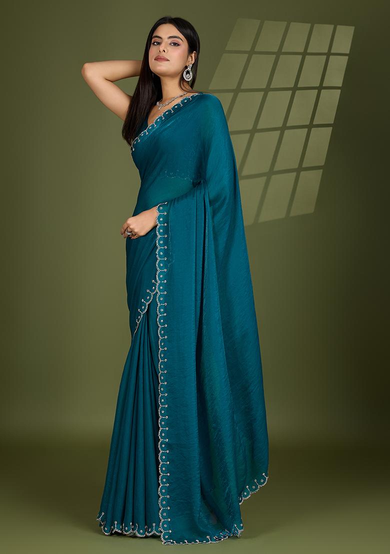 Rama Green Swarovski Zircon Work Satin Silk Saree Set