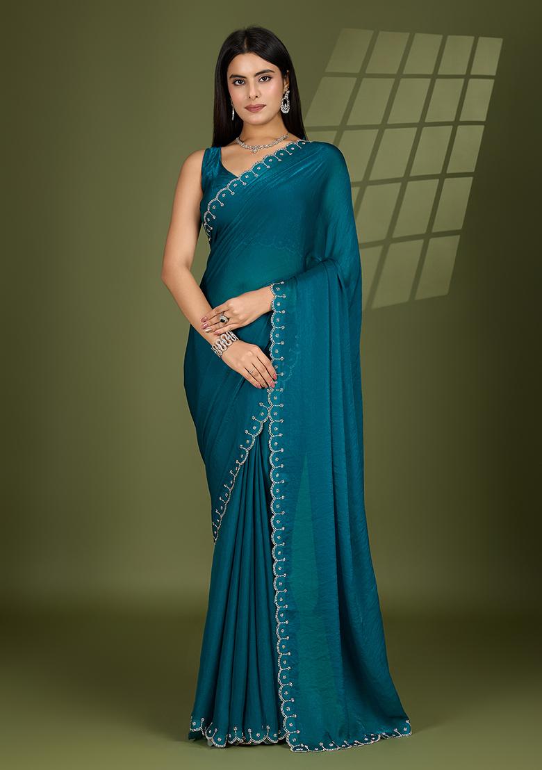 Rama Green Swarovski Zircon Work Satin Silk Saree Set