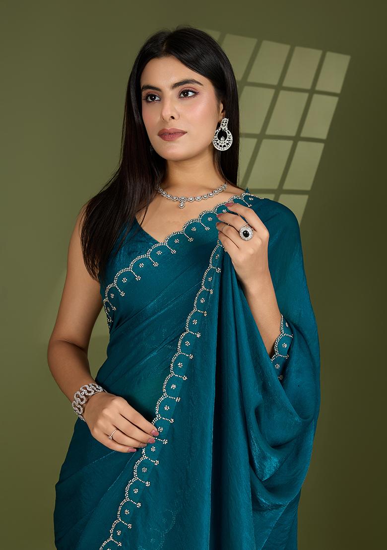 Rama Green Swarovski Zircon Work Satin Silk Saree Set