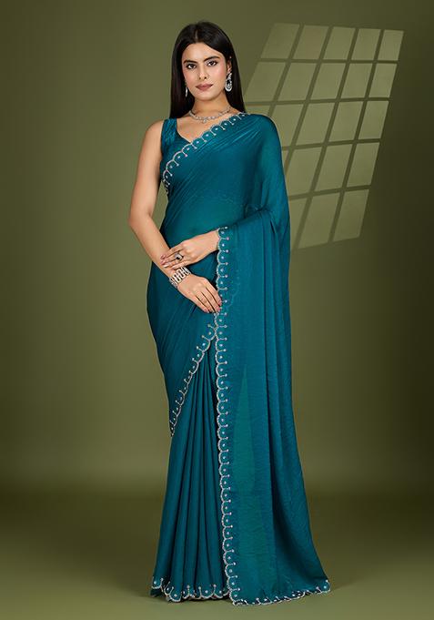 Rama Green Swarovski Zircon Work Satin Silk Saree Set