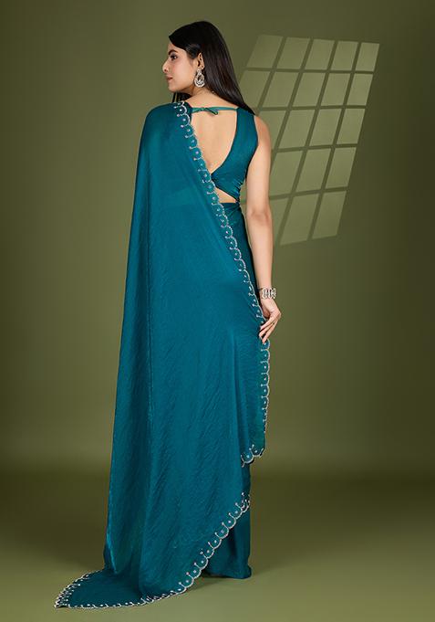 Rama Green Swarovski Zircon Work Satin Silk Saree Set