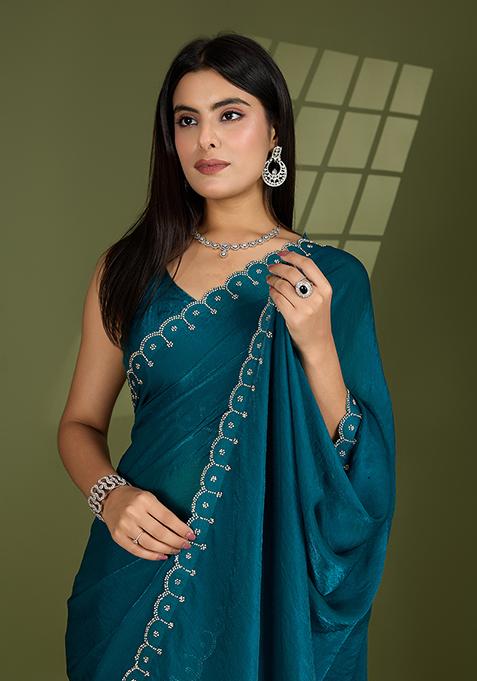Rama Green Swarovski Zircon Work Satin Silk Saree Set