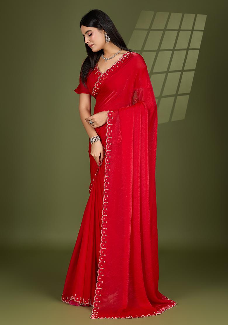 Red Swarovski Zircon Work Satin Silk Saree Set