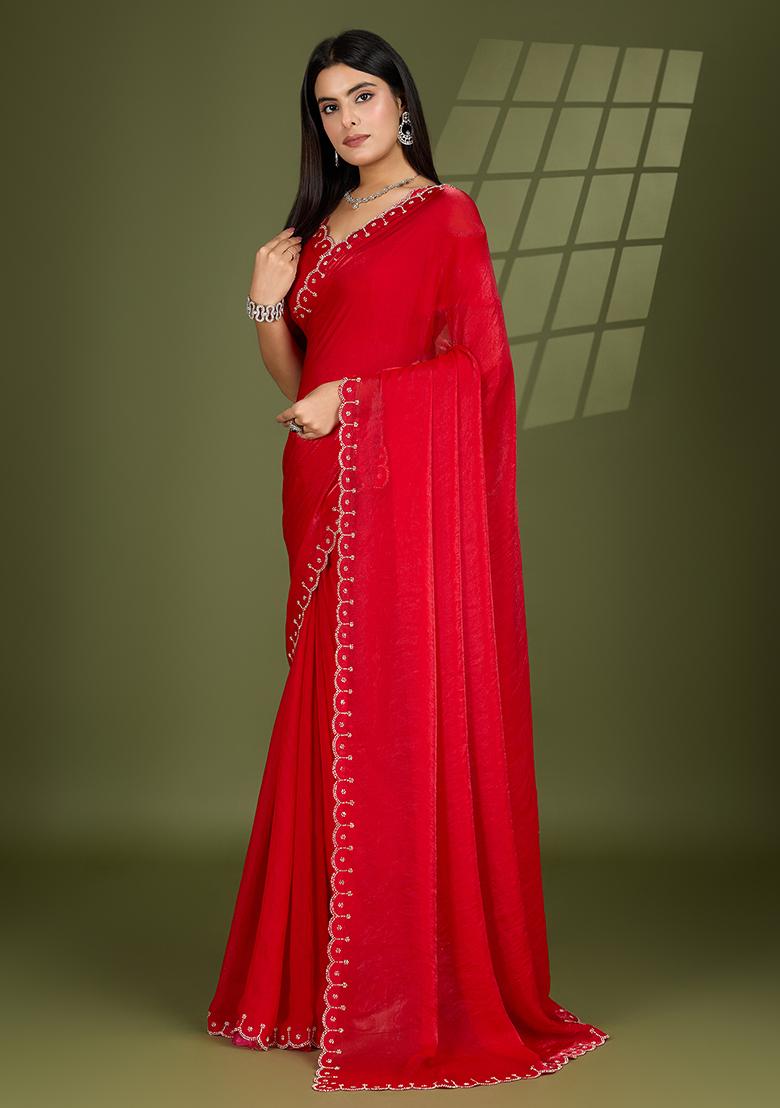 Red Swarovski Zircon Work Satin Silk Saree Set