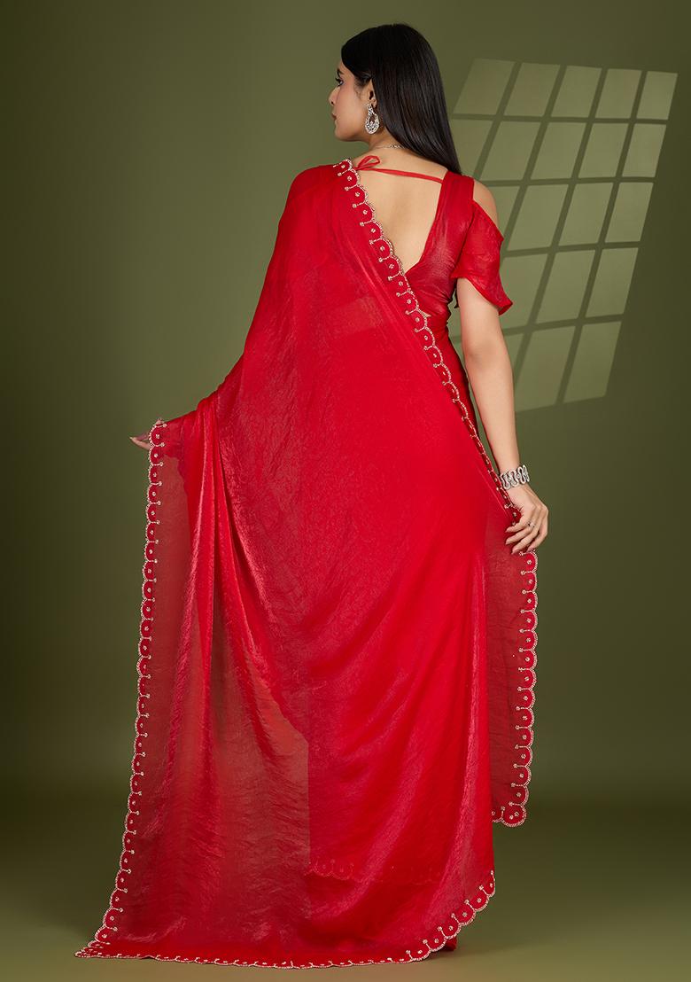 Red Swarovski Zircon Work Satin Silk Saree Set
