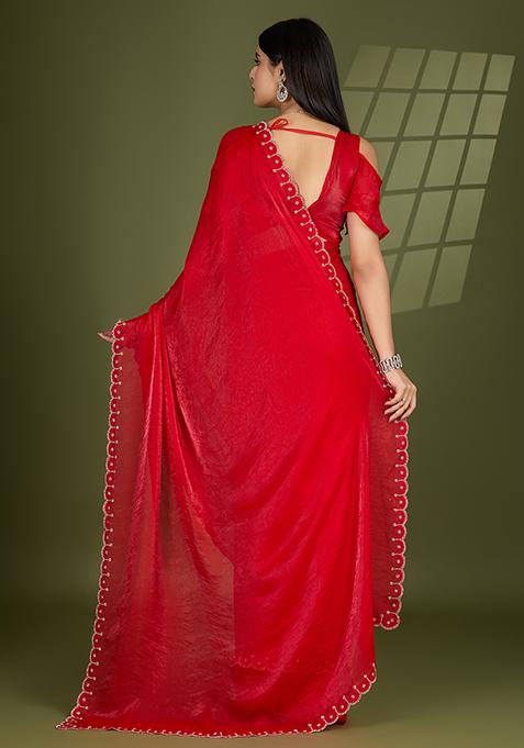 Red Swarovski Zircon Work Satin Silk Saree Set