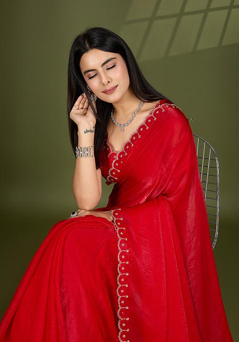 Red Swarovski Zircon Work Satin Silk Saree Set