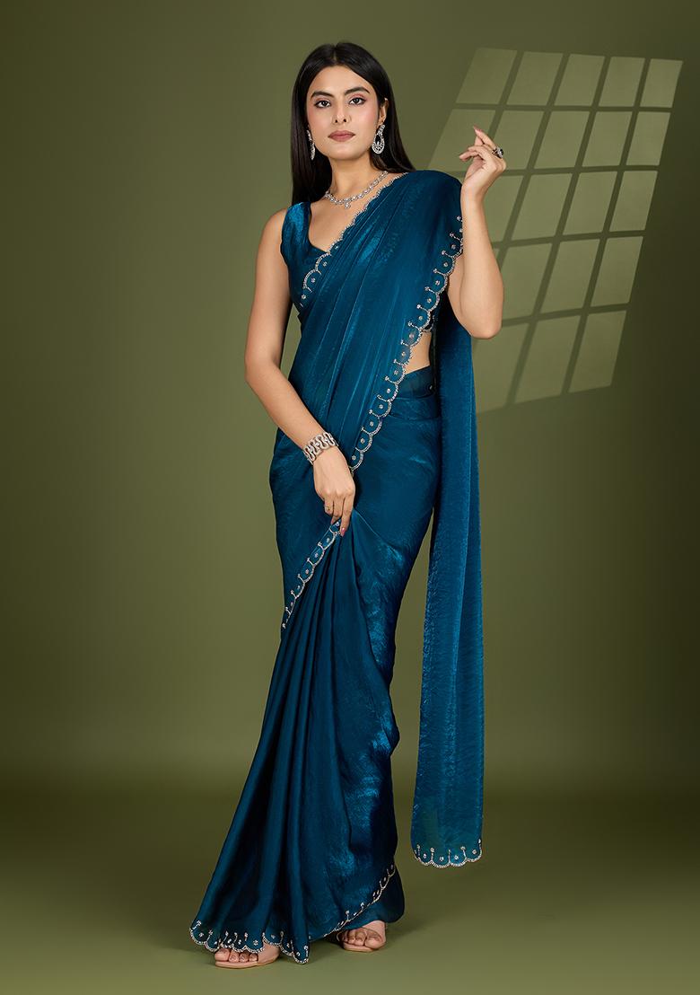 Teal Blue Swarovski Zircon Work Satin Silk Saree Set