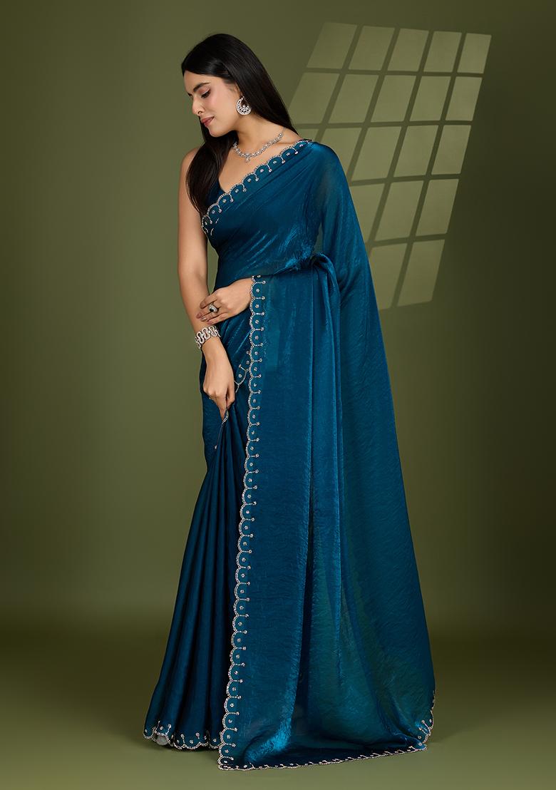Teal Blue  Swarovski Zircon Work Satin Silk Saree Set