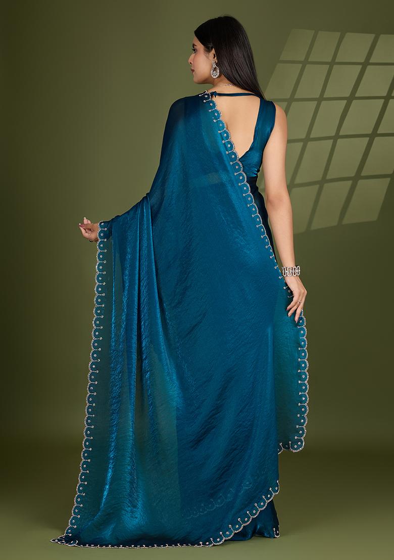 Teal Blue Swarovski Zircon Work Satin Silk Saree Set