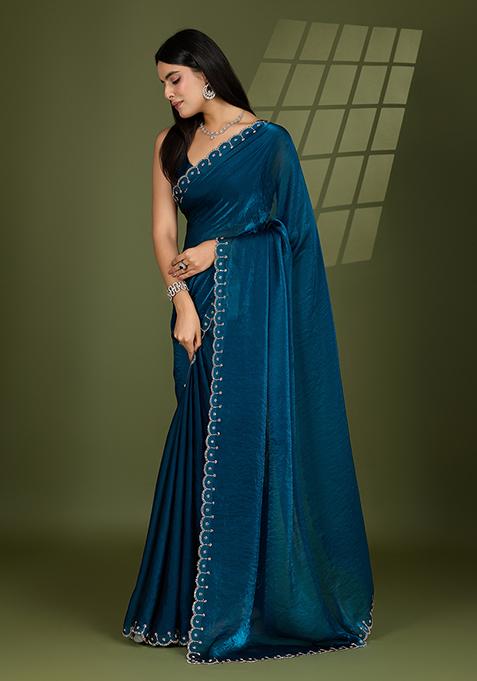 Teal Blue Swarovski Zircon Work Satin Silk Saree Set