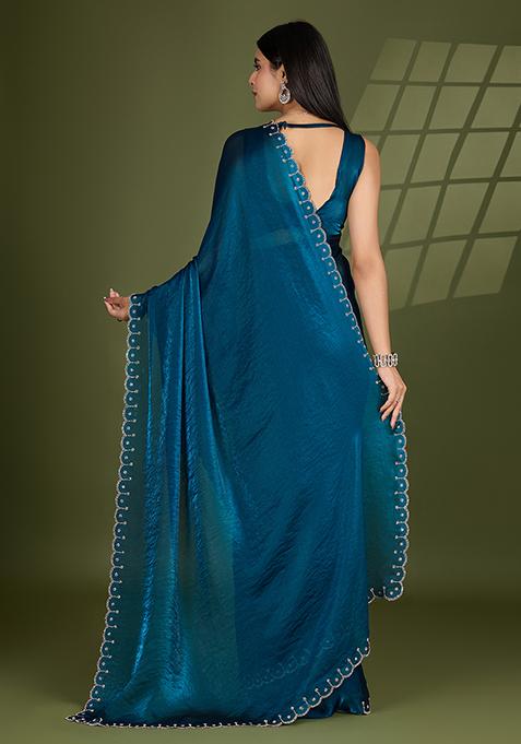 Teal Blue Swarovski Zircon Work Satin Silk Saree Set