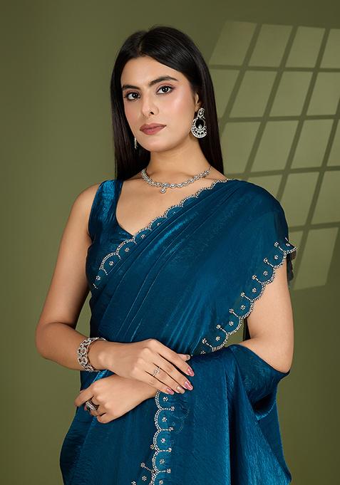 Teal Blue Swarovski Zircon Work Satin Silk Saree Set