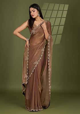 Beige Swarovski Zircon Work Satin Silk Saree Set