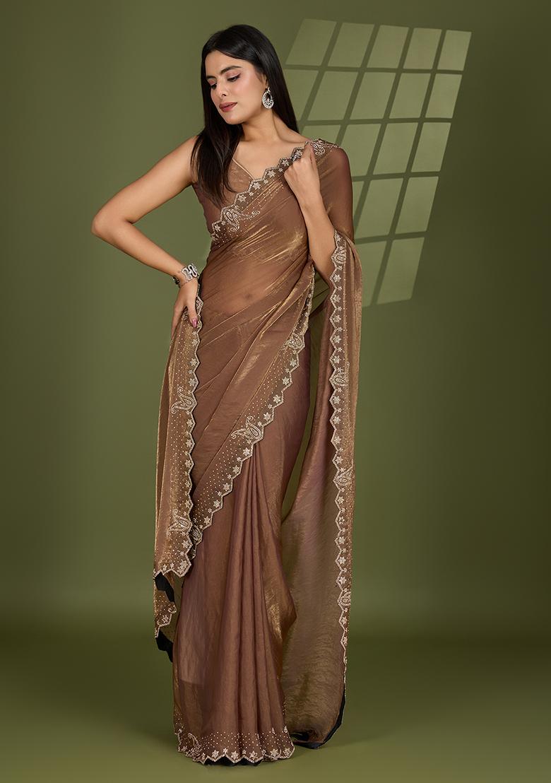 Beige Swarovski Zircon Work Satin Silk Saree Set