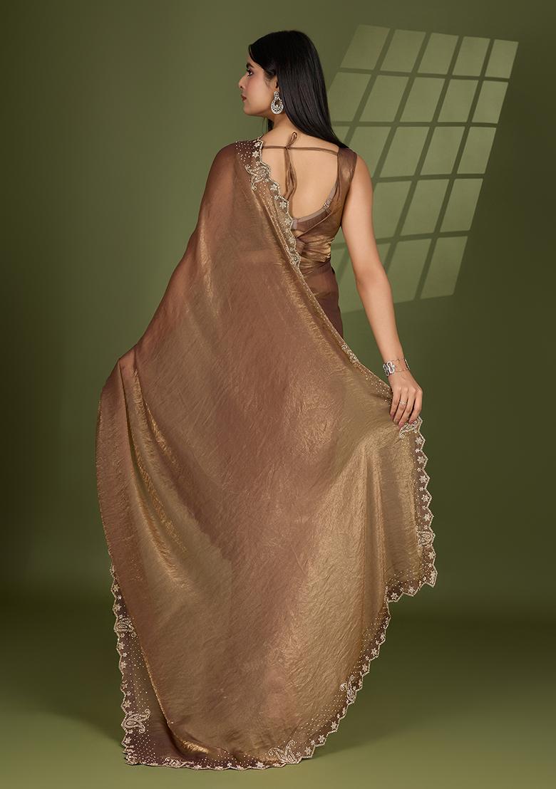 Beige Swarovski Zircon Work Satin Silk Saree Set