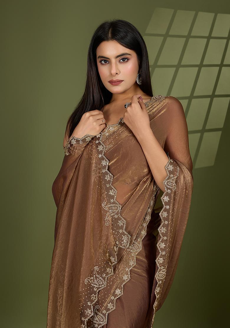 Beige Swarovski Zircon Work Satin Silk Saree Set