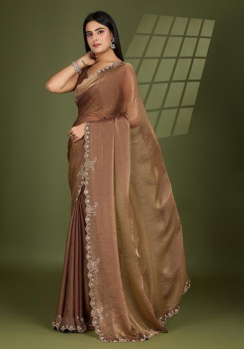 Beige Swarovski Zircon Work Satin Silk Saree Set