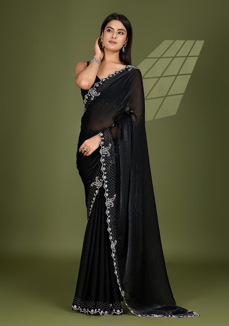 Black Swarovski Zircon Work Satin Silk Saree Set