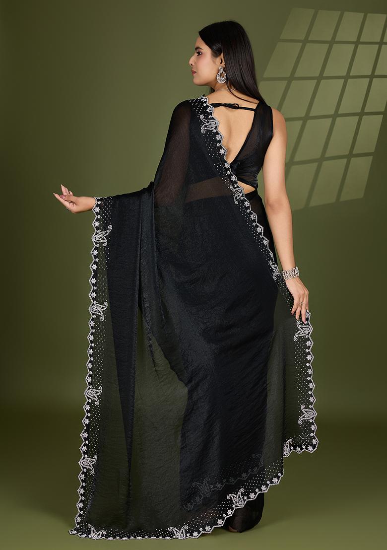 Black Swarovski Zircon Work Satin Silk Saree Set