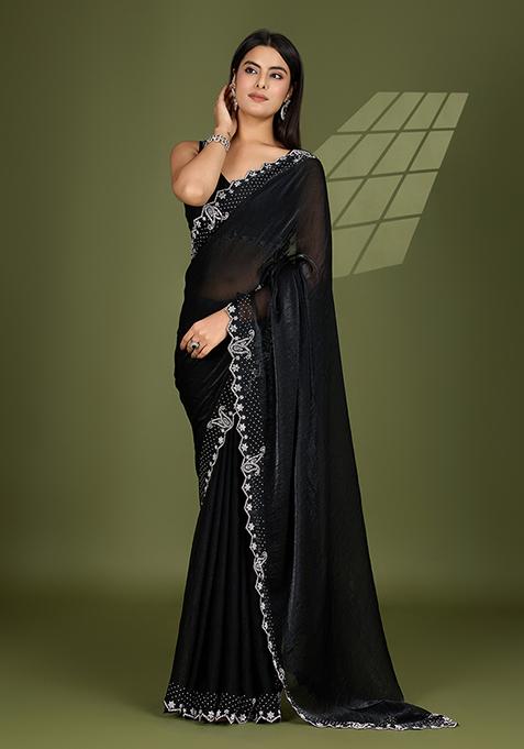 Black Swarovski Zircon Work Satin Silk Saree Set