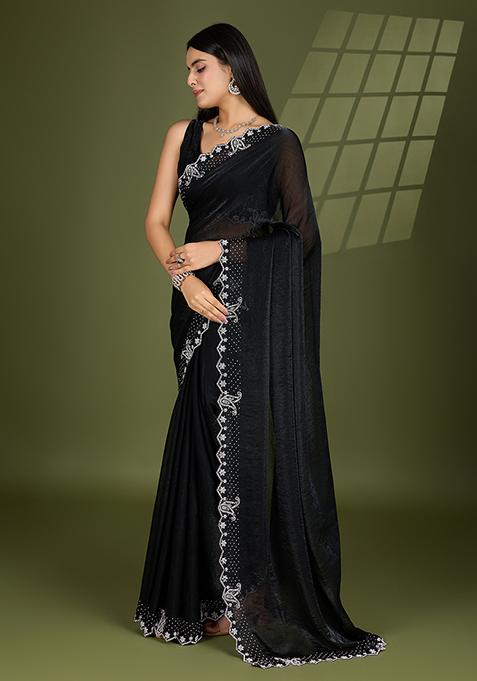 Black Swarovski Zircon Work Satin Silk Saree Set