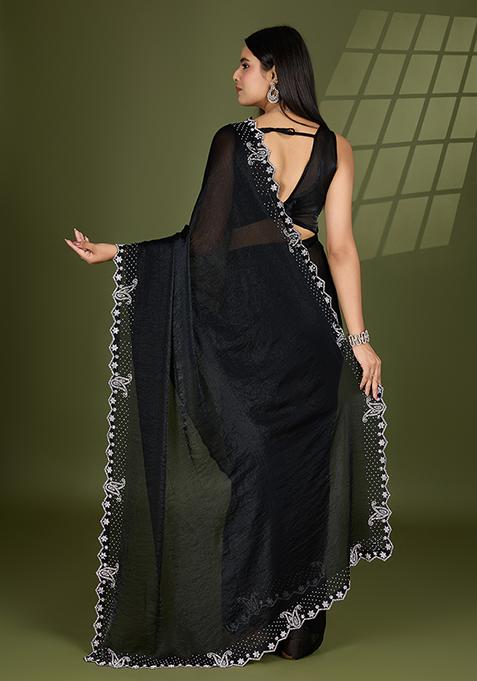 Black Swarovski Zircon Work Satin Silk Saree Set