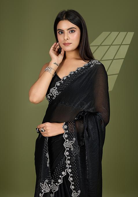 Black Swarovski Zircon Work Satin Silk Saree Set