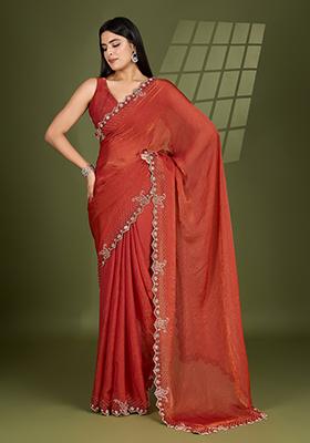 Orange Swarovski Zircon Work Satin Silk Saree Set