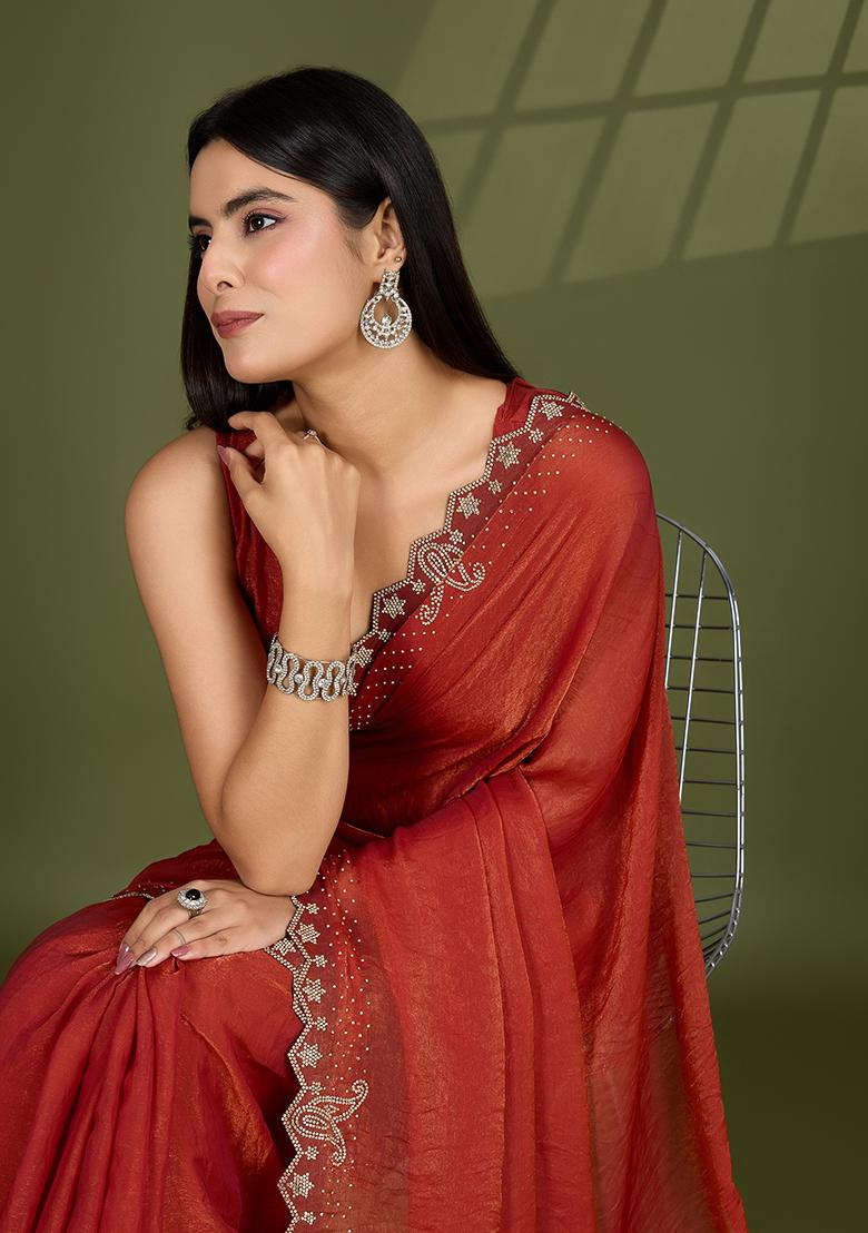 Orange Swarovski Zircon Work Satin Silk Saree Set