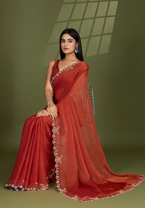 Orange Swarovski Zircon Work Satin Silk Saree Set