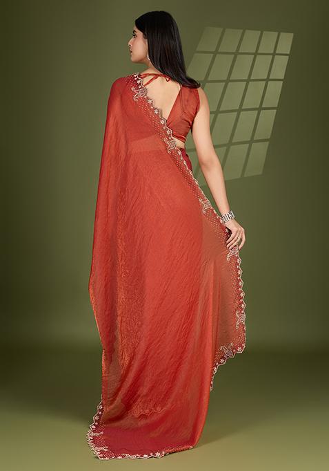 Orange Swarovski Zircon Work Satin Silk Saree Set